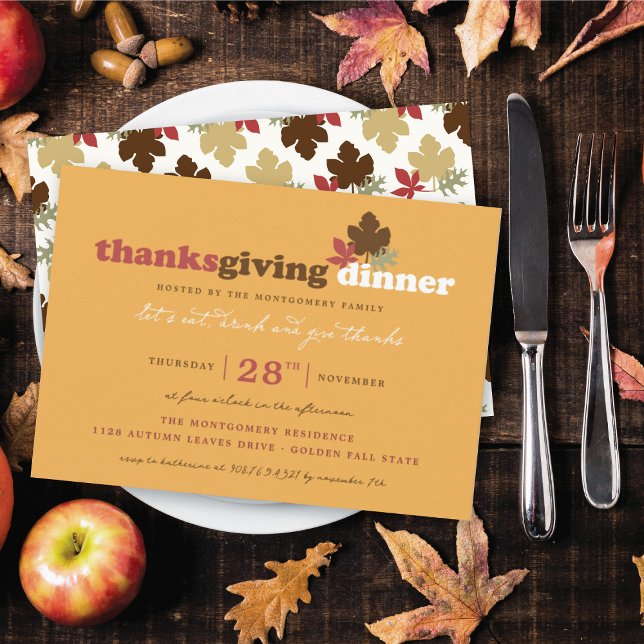 Invitation Mangez Boire & Donnez Merci Feuilles Thanksgiving  (Let's Eat, Drink & Give Thanks Leaves Thanksgiving Dinner Party Invitation @ fat_fa_tin)
