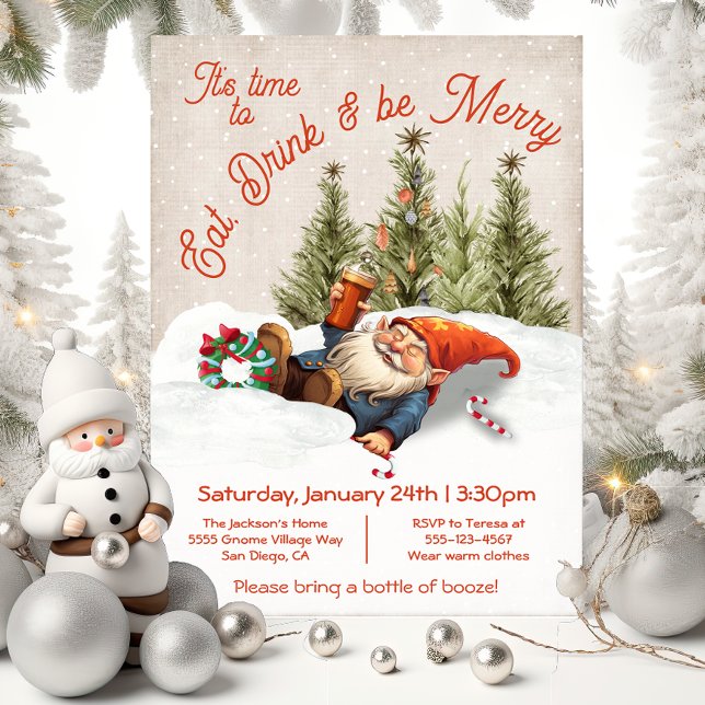 Invitation Mangez Boire et être Joyeux ivres Gnome Noël Party (Créateur téléchargé)