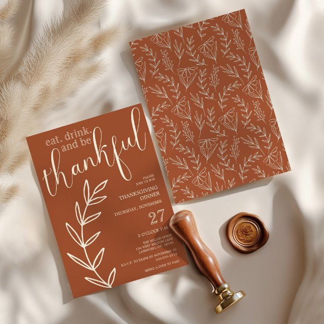 Invitation Mangez Boire et être Thanksgiving Dîner (Eat Drink and be Thankful Thanksgiving Dinner Invitation with Hand Drawn Florals)