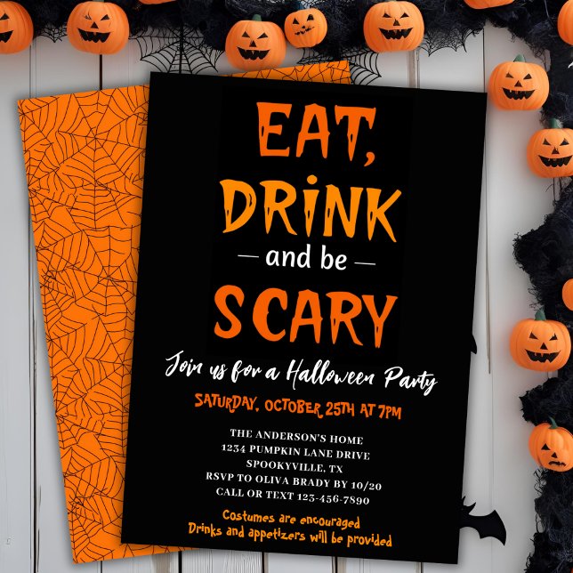Invitation Mangez Boire & Soyez Effrayant Fête d'Halloween mo (Eat Drink & Be Scary Modern Halloween Party Invitation)