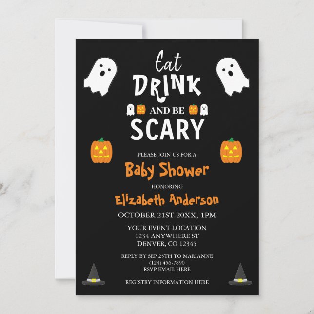 Invitation Mangez, buvez et ayez peur Baby shower d'Halloween (Devant)
