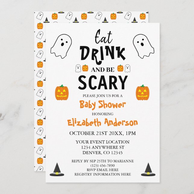 Invitation Mangez, buvez et ayez peur Baby shower d'Halloween (Devant / Derrière)