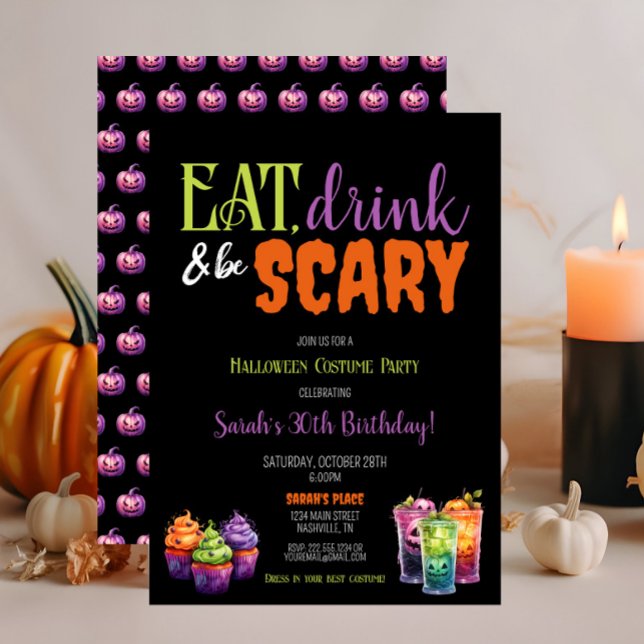 Invitation Mangez, buvez et soyez effrayant Halloween fête d' (Eat, Drink & Be Scary Halloween Party Invitation, Creepy Food & Drink Theme, Pumpkins, Purple Orange)