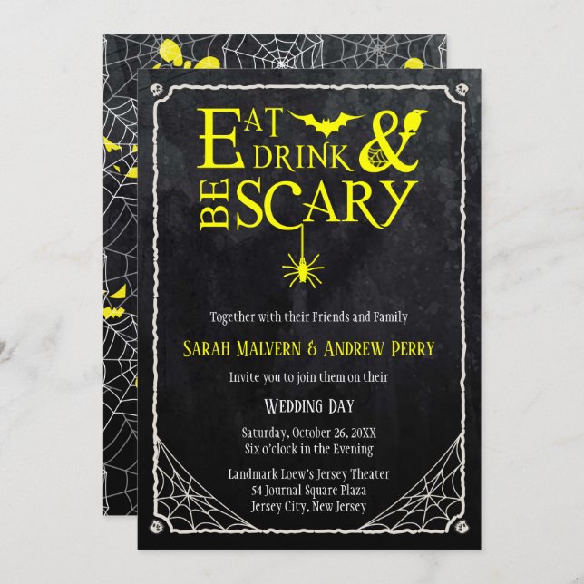 Invitation Mangez, buvez et soyez effrayant Mariage d'Hallowe (Devant / Derrière)