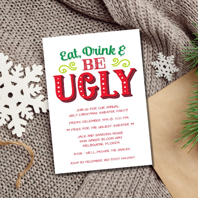 Invitation Mangez, buvez et soyez moche Noël Sweat Party (Eat, Drink and Be Ugly Christmas Sweater Party Invitation)