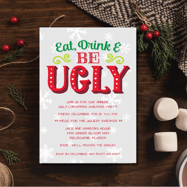 Invitation Mangez, buvez et soyez moche Noël Sweat Party (Eat, Drink and Be Ugly Christmas Sweater Party Invitation)