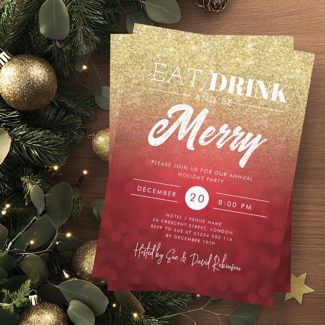 Invitation Mangez, Buvez Soyez Joyeux Gold Red Bokeh Noël (Eat, Drink Be Merry Gold Red Bokeh Holiday Xmas Invitation)