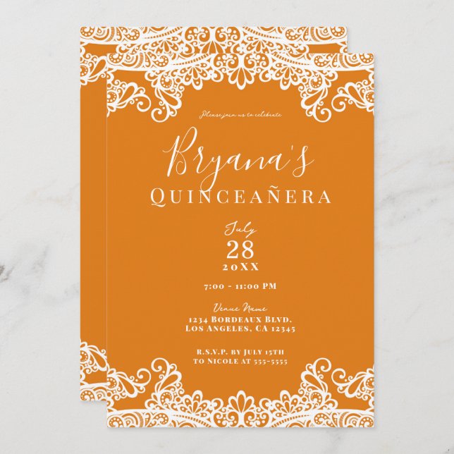 Invitation Mango orange et dentelle blanche Elegant Quinceañe (Devant / Derrière)