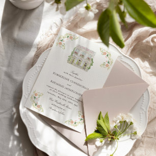 Invitation Manoir élégant à l'aquarelle, mariage rococo