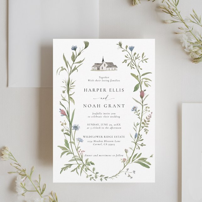 Invitation Manoir fleur sauvage Élégant Simple Moderne Mariag (wildflowers wedding invitation manor floral frame modern garden outdoors indoors backyard barn chic)
