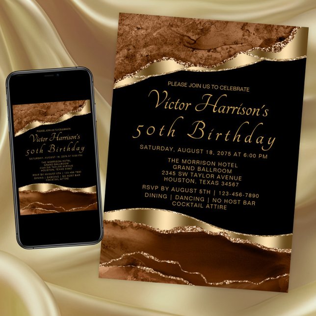 Invitation Mans Brown Black Gold Agate Anniversaire (Brown gold any occasion invitation. Instant download and printed invitations available.)