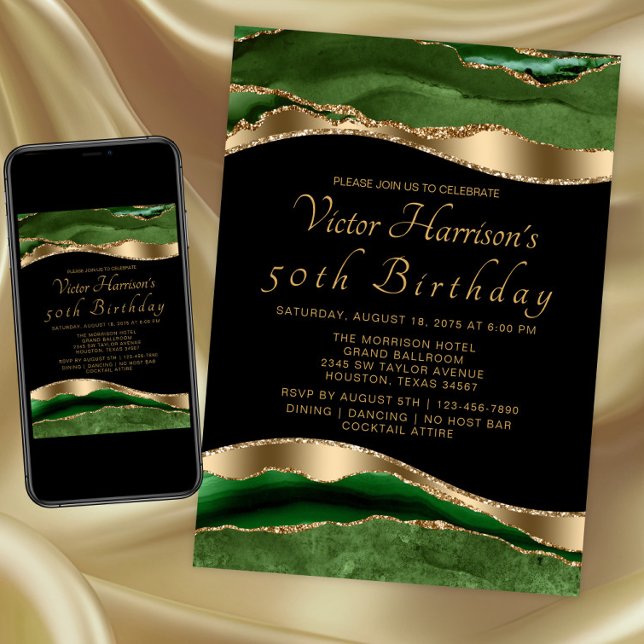 Invitation Mans Emerald Green Gold Agate Anniversaire (Emerald green gold any event invitation. Instant download and printed invitations available.)