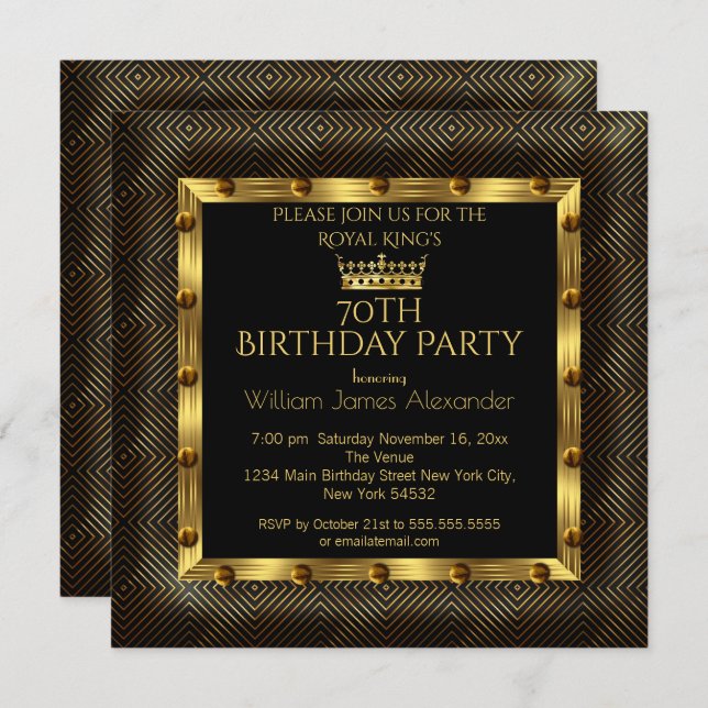 Invitation Mans Photo 70e anniversaire de la fête Couronne or (Devant / Derrière)