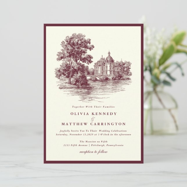 Invitation Mansion Venue Old Money Aesthetic Burgund Wedding  (Debout devant)