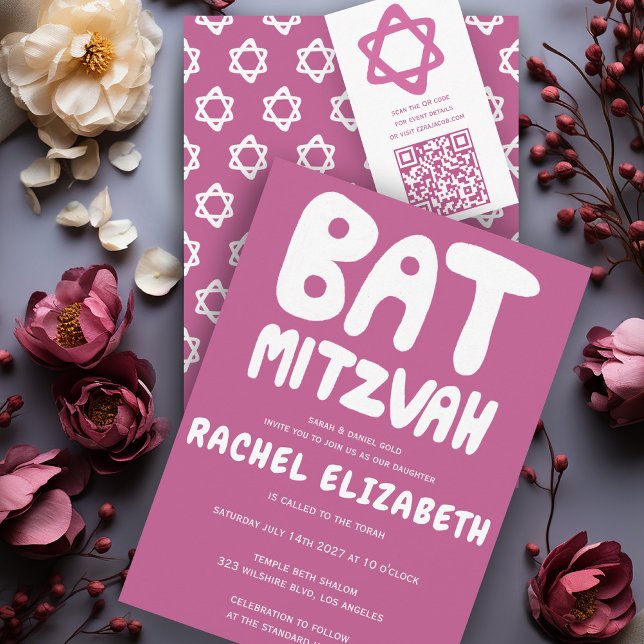 Invitation Manufacture super Personnalisée Bat mitzvah Étoile (Groovy Handlettering Custom Bat Mitzvah Pink Stars Invitation
)