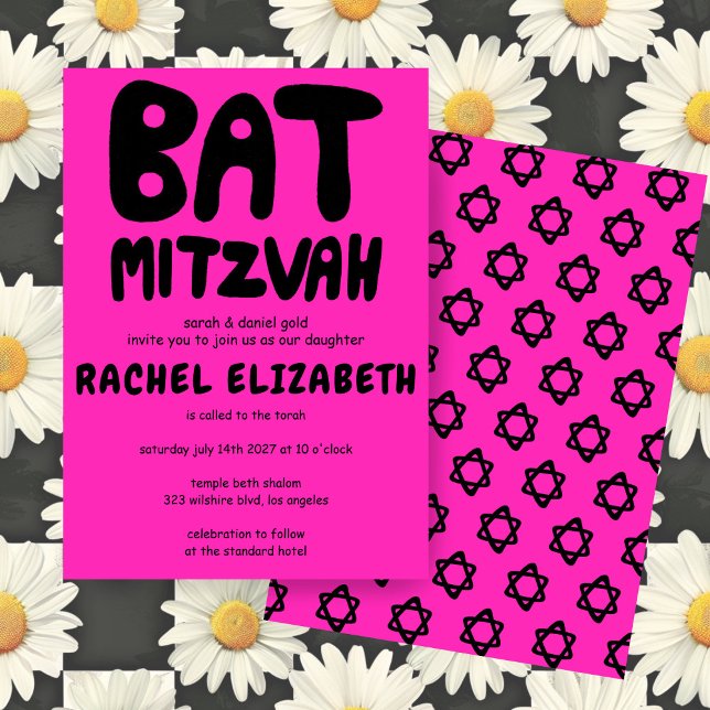 Invitation Manufacture super Personnalisée Bat mitzvah Étoile (Groovy Handlettering Custom Bat Mitzvah Hot Pink Stars Bold Invitation
)