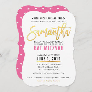 Invitation Manuscrit assez rose SAMANTHA d'or de BAT MITZVAH