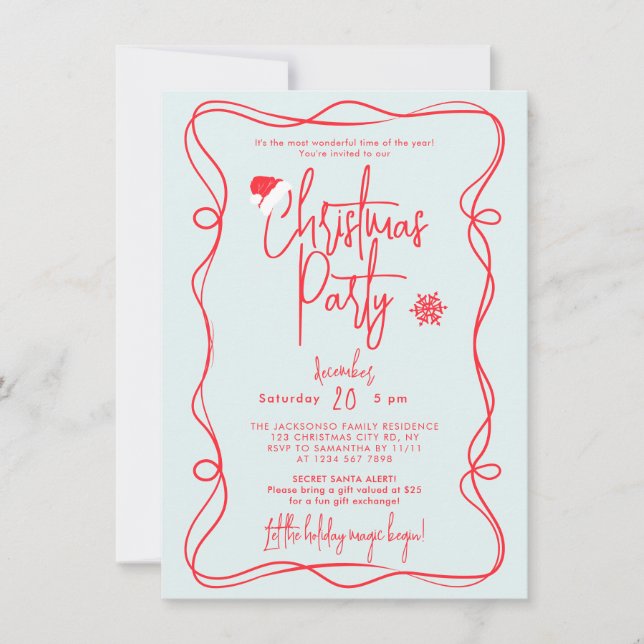 Invitation manuscrite bleue pour une fête de Noël (Devant)