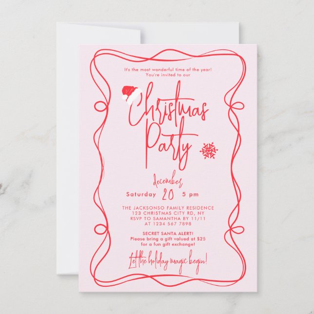 Invitation manuscrite rose pour une fête de Noël (Devant)