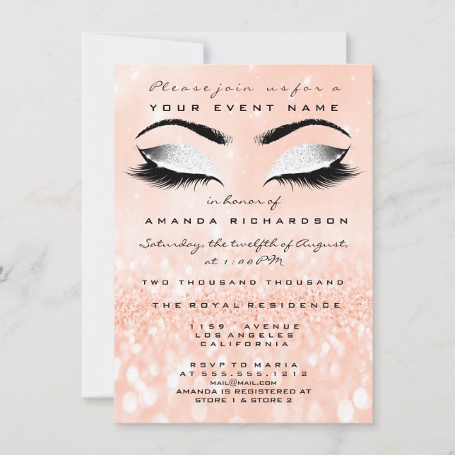 Invitation Maquillage de corail Pêche Parties scintillant bla (Devant)