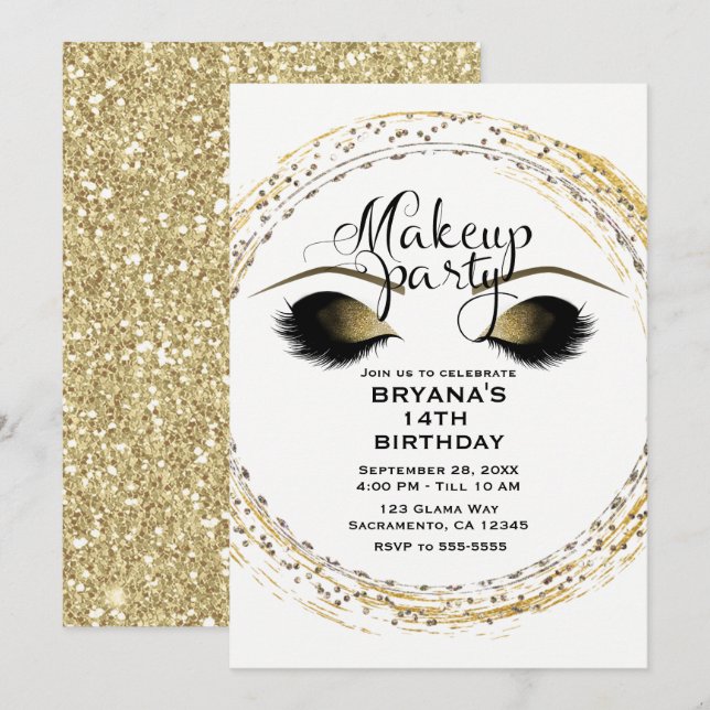 Invitation Maquillage Faux-Cils Argent & Or Fête de Beauté Gl (Devant / Derrière)