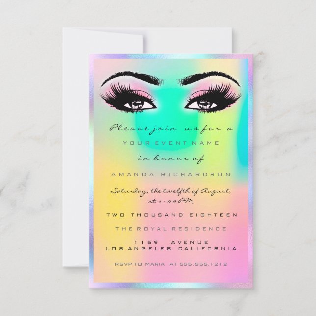 Invitation Maquillage Rose Holographique Mariage Douce 16e (Devant)