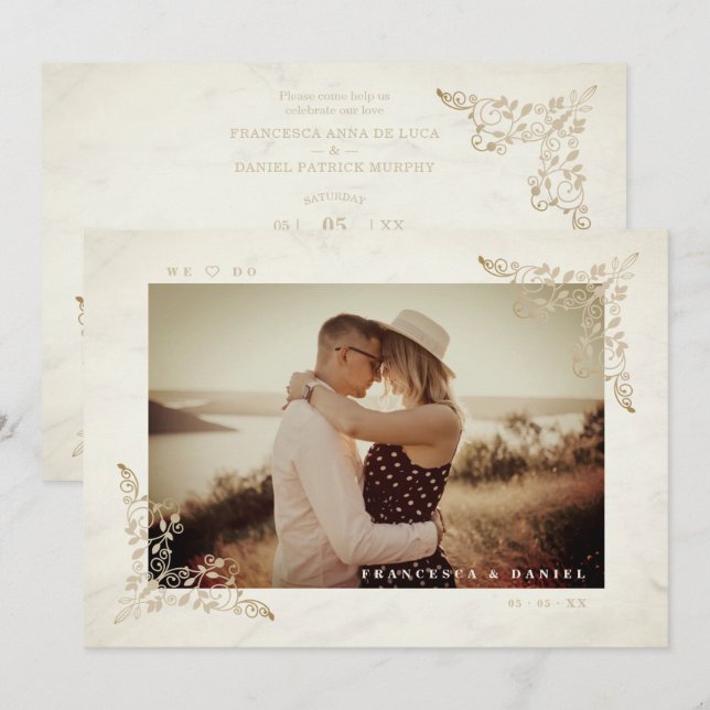 Invitation Marble Chic Golden Lace Romantic Couple Wedding (Devant / Derrière)