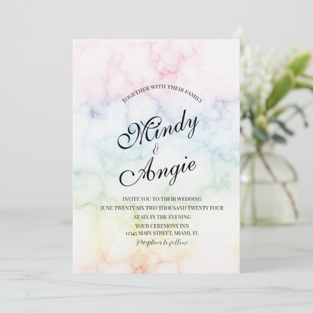 Invitation Marble Rainbow Gay Script Wedding (Debout devant)