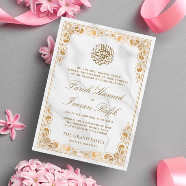 Invitation Marbre à cadre d'or classique Mariage musulman isl (Créateur téléchargé)