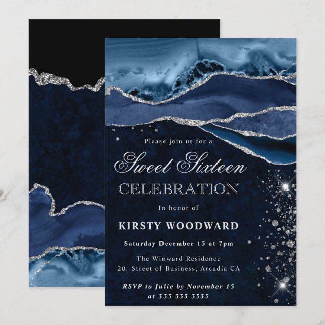 Invitation Marbre Agate Argent Bleu Glam Sweet 16 (Devant / Derrière)