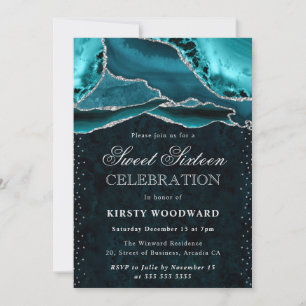 Invitation Marbre Agate Argent Turquoise Glam Sweet 16