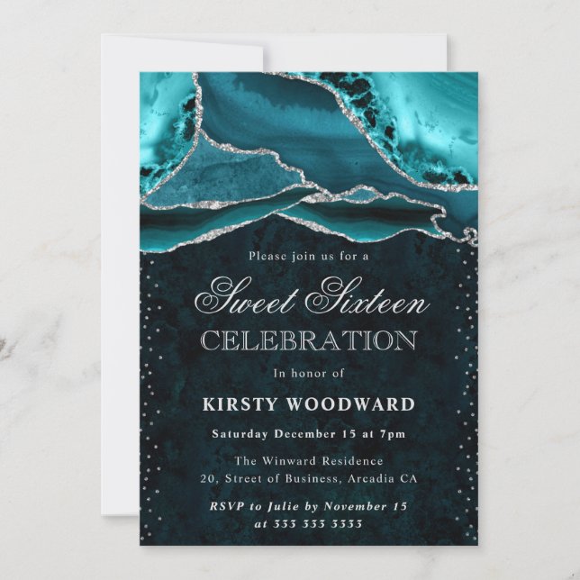Invitation Marbre Agate Argent Turquoise Glam Sweet 16 (Devant)