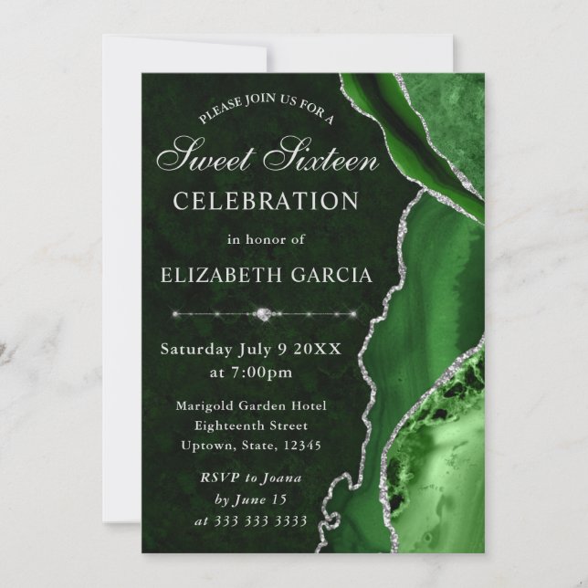 Invitation Marbre Agate Argent Vert Glam Anniversaire 16 Ans  (Devant)