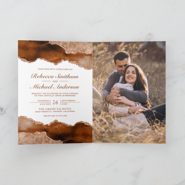 Invitation Marbre Agate Orange Brûlé Code QR Photo Mariage (Intérieur)