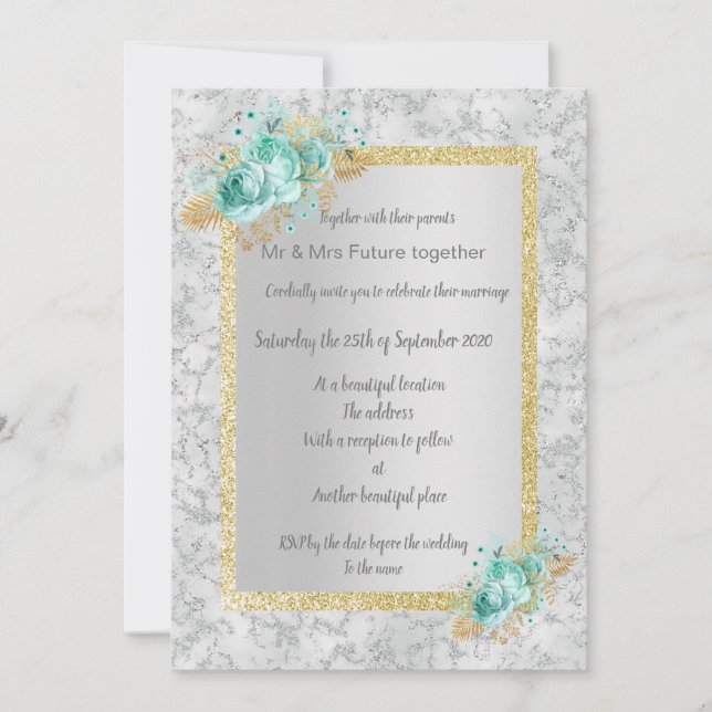 Invitation Marbre argenté mariage fleuri avec or fleuri aqua (Devant)