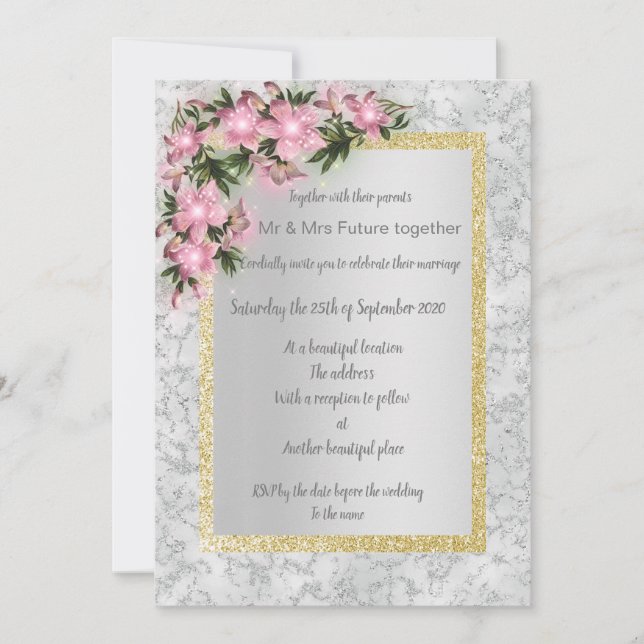 Invitation Marbre argenté mariage floral avec or rose floral (Devant)