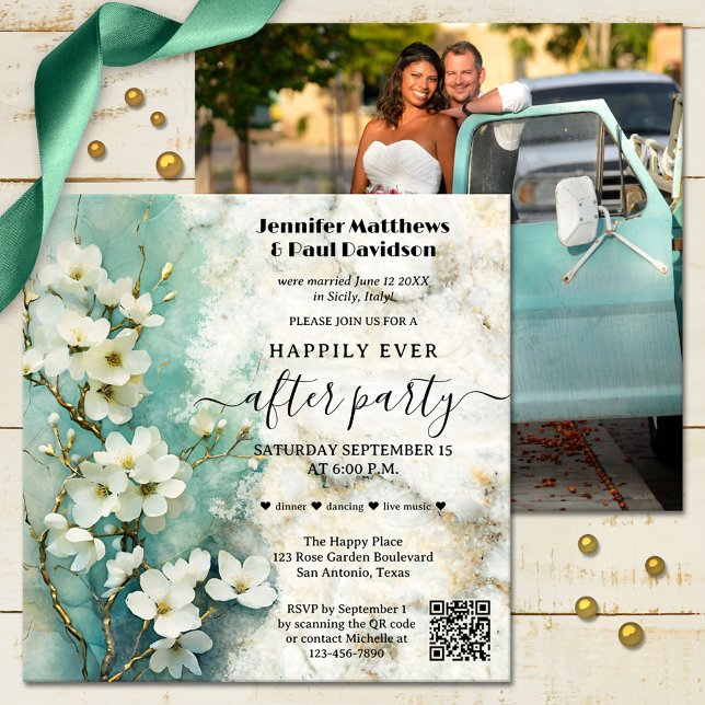 Invitation Marbre Artistique Floral Joyeux Jamais Après Maria (A happily after wedding photo invitation with QR code showing white flowers on marble. )