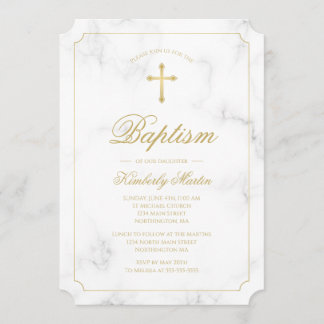 Invitation Marbre blanc Baptême Gold Cross Script