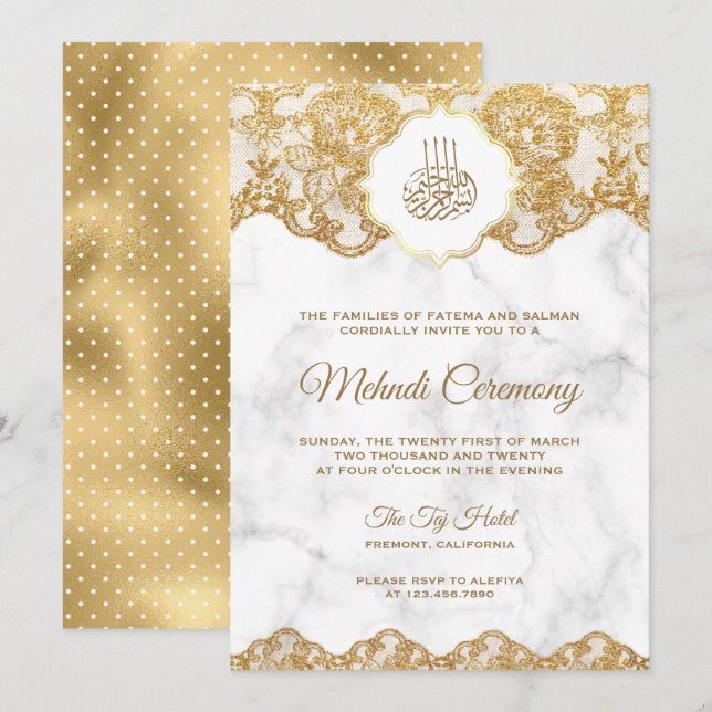 Invitation Marbre Blanc Broderie Dorée sur Fond de Papier Lac (Devant / Derrière)