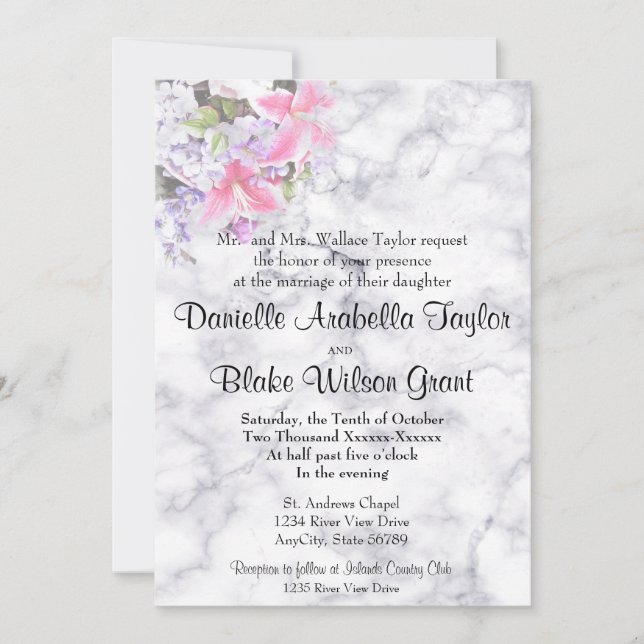 Invitation Marbre blanc classique Lily rose Mariage tradition (Devant)