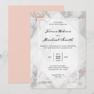 Invitation Marbre blanc Coral Pink Elegant Rose Gold Mariage