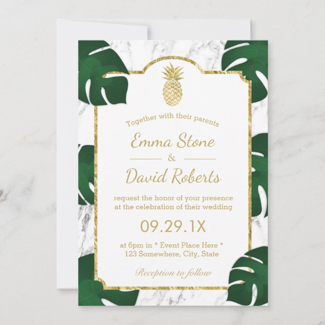 Invitation Marbre blanc d'ananas Mariage tropical (Devant)
