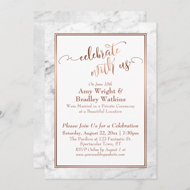 Invitation Marbre blanc de cuivre fêter avec nous Mariage amu (Devant / Derrière)