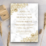 Invitation Marbre blanc dentelle or Mariage musulman islamiqu<br><div class="desc">Invitation vos invités avec cette élégante invitation de mariage avec une belle dentelle avec "Bismillah" en calligraphie arabe. Ajoutez simplement les détails de votre événement sur ce modèle facile à utiliser pour en faire une invitation unique.</div>
