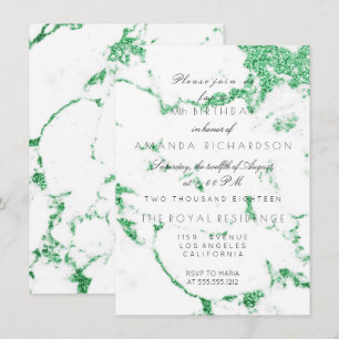 Invitation Marbre Blanc Émeraude Herbe Verte Paillettes Anniv