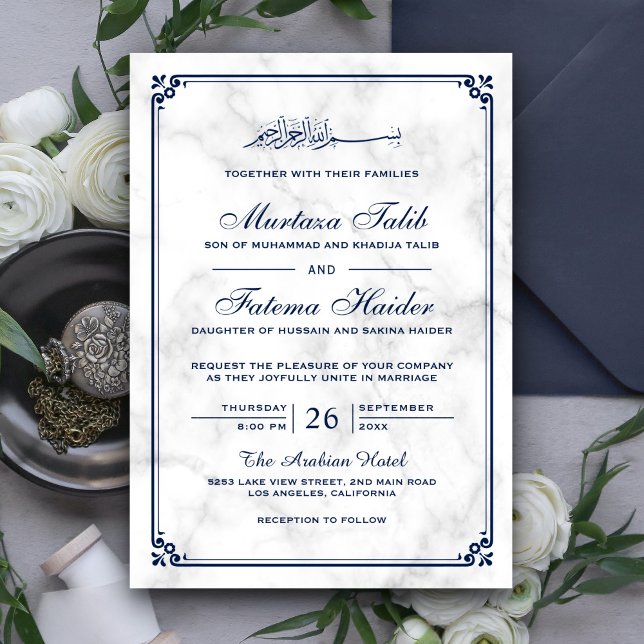 Invitation Marbre blanc et frontière bleue Mariage musulman (Créateur téléchargé)