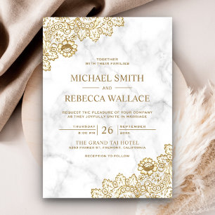 Invitation Marbre blanc et or Vintage Pays Mariage dentelle