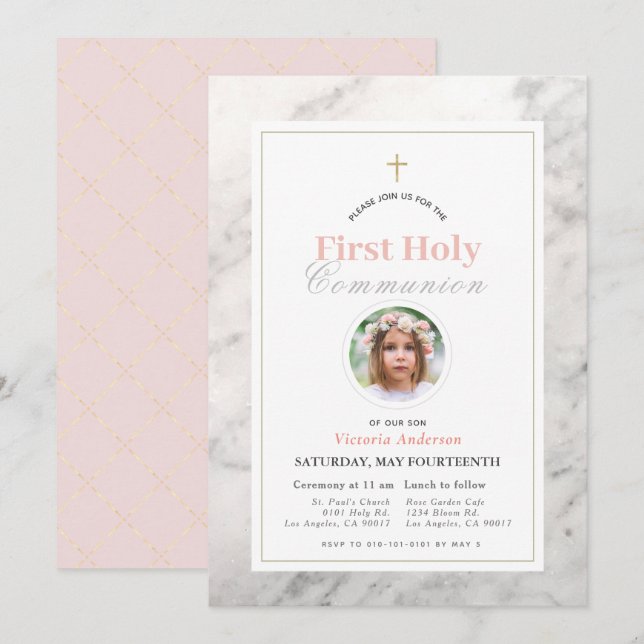 Invitation Marbre blanc fille photo première sainte communion (Devant / Derrière)