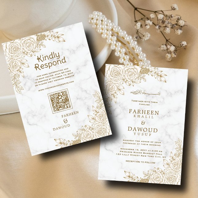Invitation Marbre blanc Floral dentelle islamique musulman QR (Créateur téléchargé)