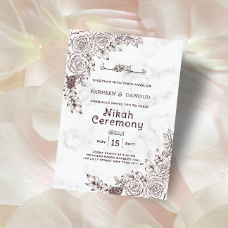 Invitation Marbre blanc Floral Dentelle islamique Nikah Cérém